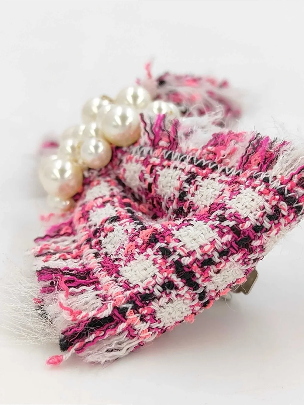 CHANEL Pink Tweed Bow Hair Clip with Clustered Pearls